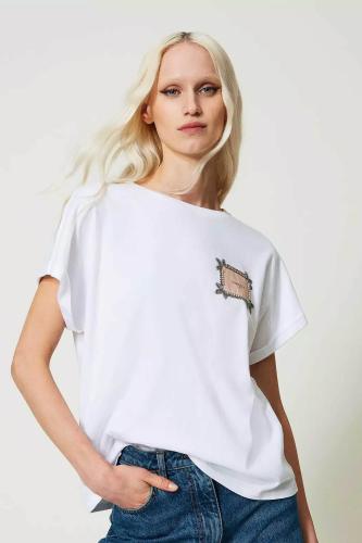Twinset γυναικείo T-shirt με κέντημα στο στήθος - 241TP2211 Λευκό